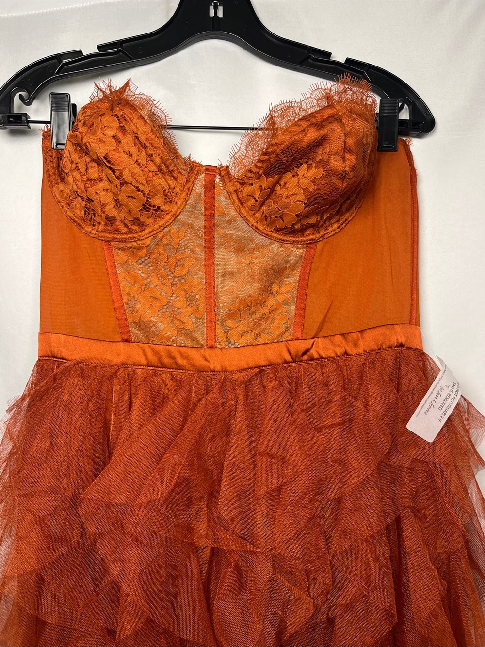 For love & lemons NWT bustier strapless lace tulle ruffle gown rust sz L - Picture 5 of 12
